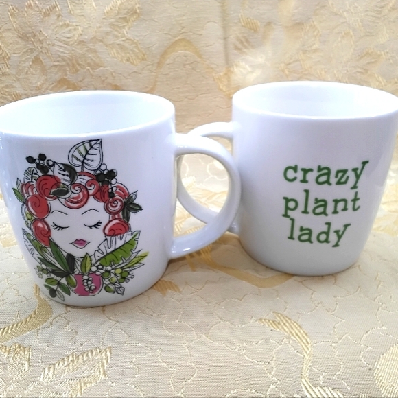 2~Ceramic Coffee Tea Mug Red Headed Lady W/Crazy Plant Lady Leaves Design - Picture 2 of 7